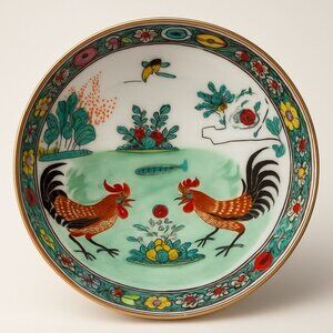 Vintage Hand-Painted Porcelain Bowl With Rooster Design Decorated In Hong Kong